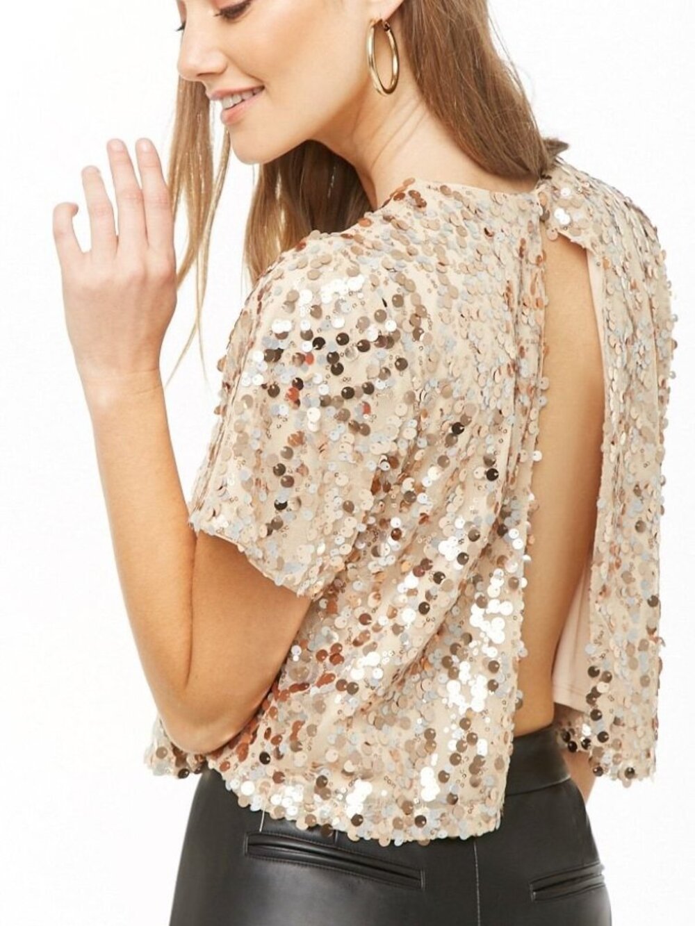 Forever 21 Rose Gold Sequin Open-Back Top XS